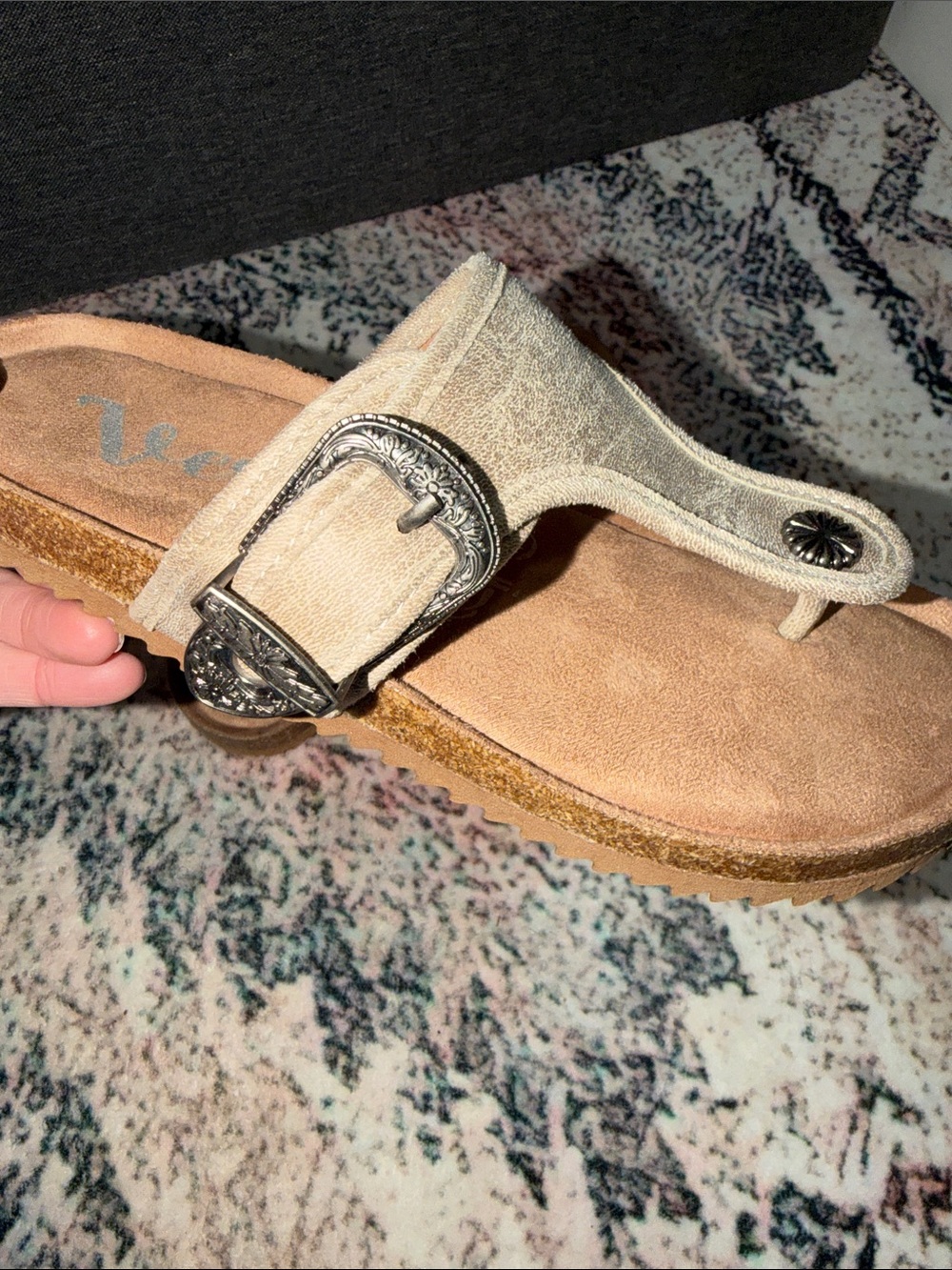 Very G Neutral Beige Suede Buckle Thong Sandals - Picture 3 of 3